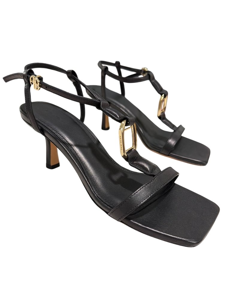 Anine Bing Kiera Black Leather Strappy Sandals Gold Square Toe Size 38 Us 8